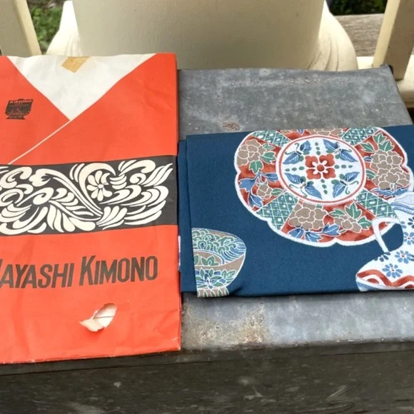 Japanese Blue Hayashi Kimono Scarf w/ multicolor Pitcher, Bowl and Plate Design - Picture 1 of 3